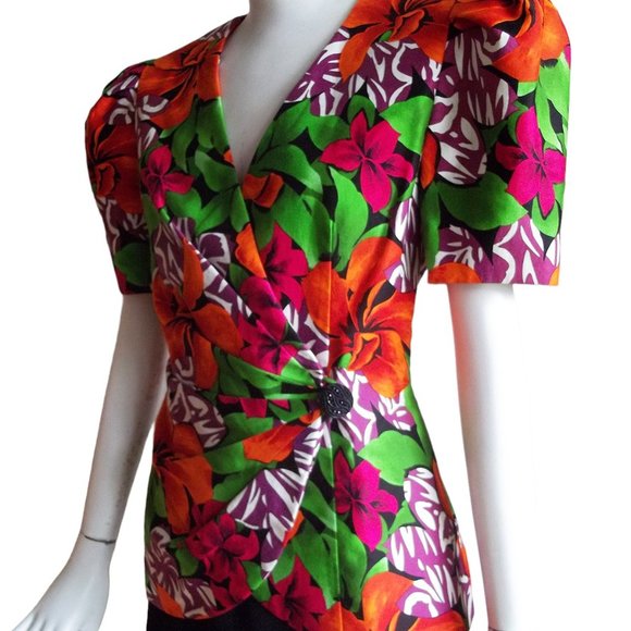 Vtg 80s Tropical Floral Curvy Cut Strong Shoulder Cotton Wrap Statement Top M - Picture 4 of 11